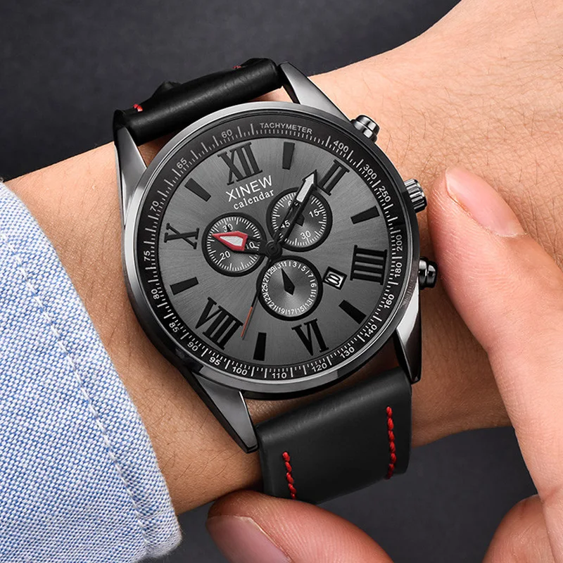 

XINEW Men's Watches Fashion Military Sport Watches Men Leather Band Auto Date Quartz Wristwatches Relogio Masculino Montre Homme