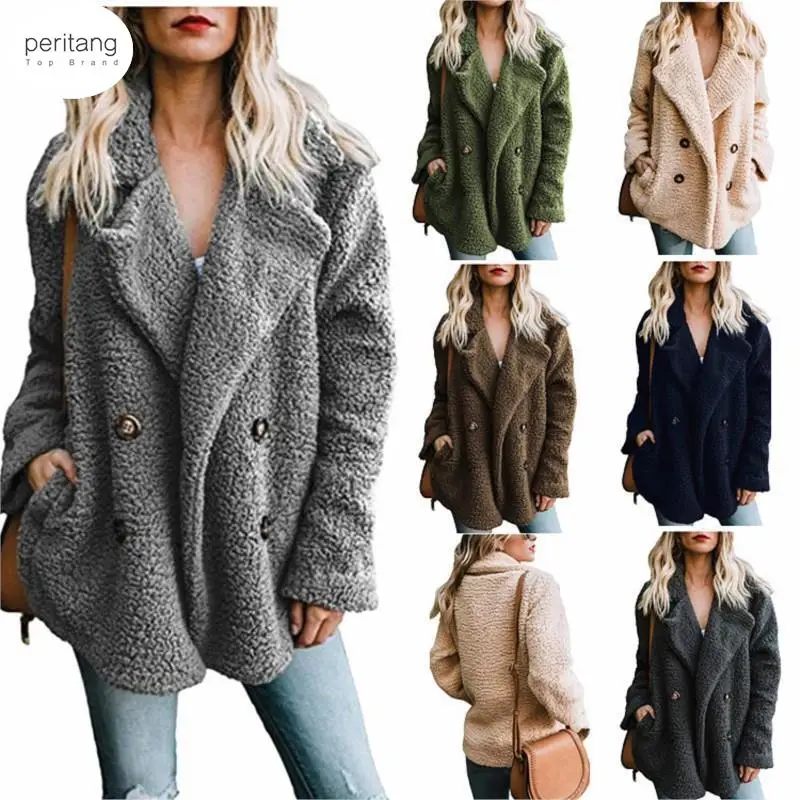 

2024 Faux Fur Coat Women Warm Outwear Plush Notch Collar Women Winter Coat Loose Trench Pure Color