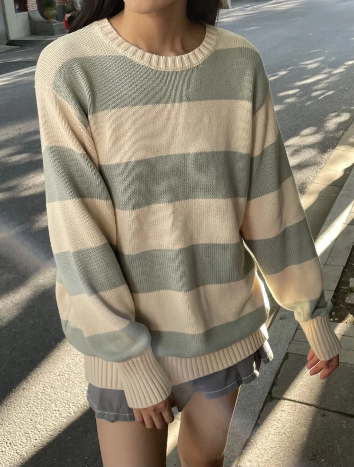 Vintage Striped Knitted Sweater Women Autumn Casual Oversize Drop Shoulder Sweater Femme Retro Streetwear Cotton Tops Chic green cardigan