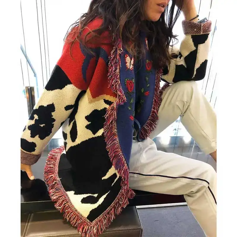 Hand-made cardigan jacquard cardigan fringed trims long sleeve cardigan women winter clothes women 6