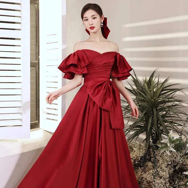 

Harajpee Wedding Dresses Bride 2024 Autumn New Wine Red Slim Slimming Engagement Dress Temperament Banquet Evening Vestido