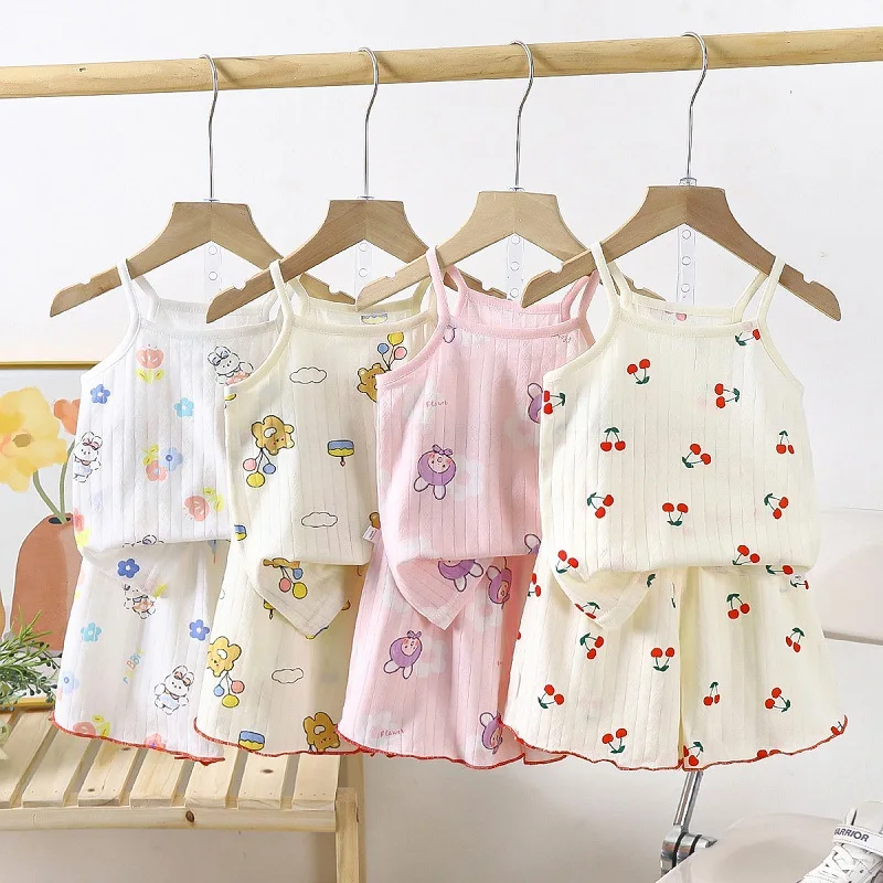 

Baby Summer clothes Korea for girls Set muslin bamboo Lace Halter tops T-Shirt Shorts Pajamas infant top and bottom set outfits