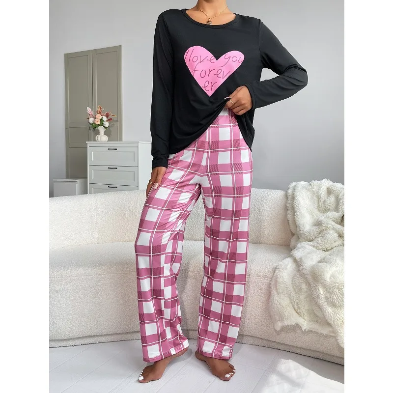 طقم بيجامات نسائي مطبوع عليه قلب بأكمام طويلة وبنطلون ملابس نوم طقم مكون من قطعتين للنساء بدلة غير رسمية ملابس تنحيف للخريف