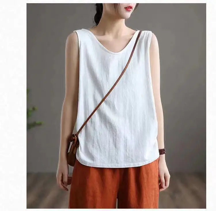 Cotton and Linen Camisole Women's 2023 Summer New I-shaped Sleeveless Knitted Bottoming Shirt Short Outer Wear Loose Top Solid