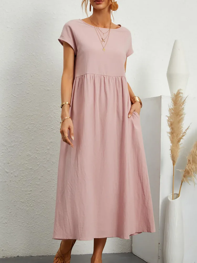 Women Dress Women Elegant Solid Dresses Summer Casual O Neck Short Sleeve Cotton Sundress Vintage Loose Pockets Y2K Long Dress Vestidos Robe