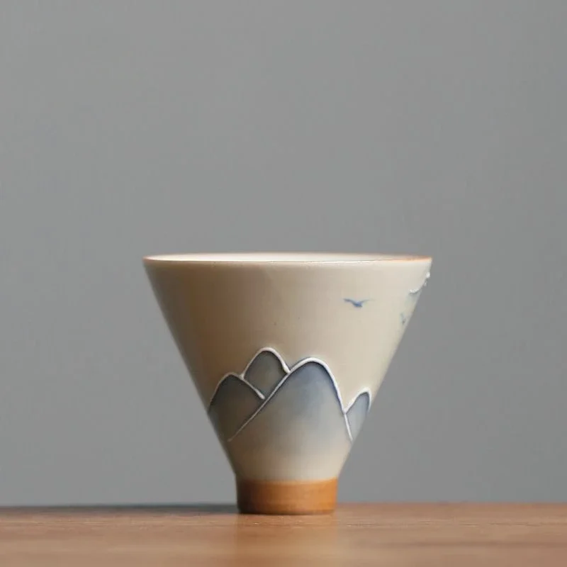 Hand-Painted Landscape Ceramic Tea Cup, Plant Ash Glaze & Underglaze Color, Bamboo Hat Design for Gongfu Tea Ceremony Home Decor