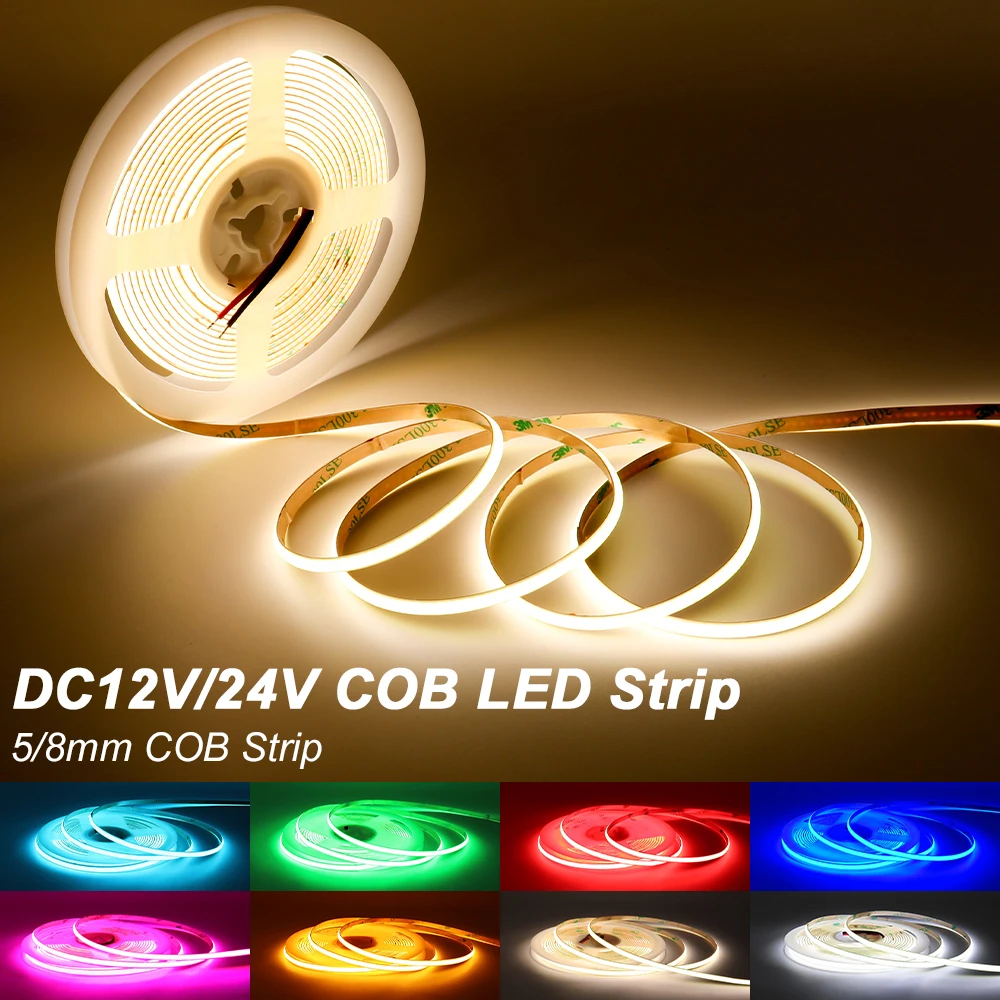 12V 24V COB LED Strip Light Dimmable LED Strip Lamp Tape Adhesive 3mm 5mm 8mm 10mm PCB Red Blue Green Warm White COB Strip Light