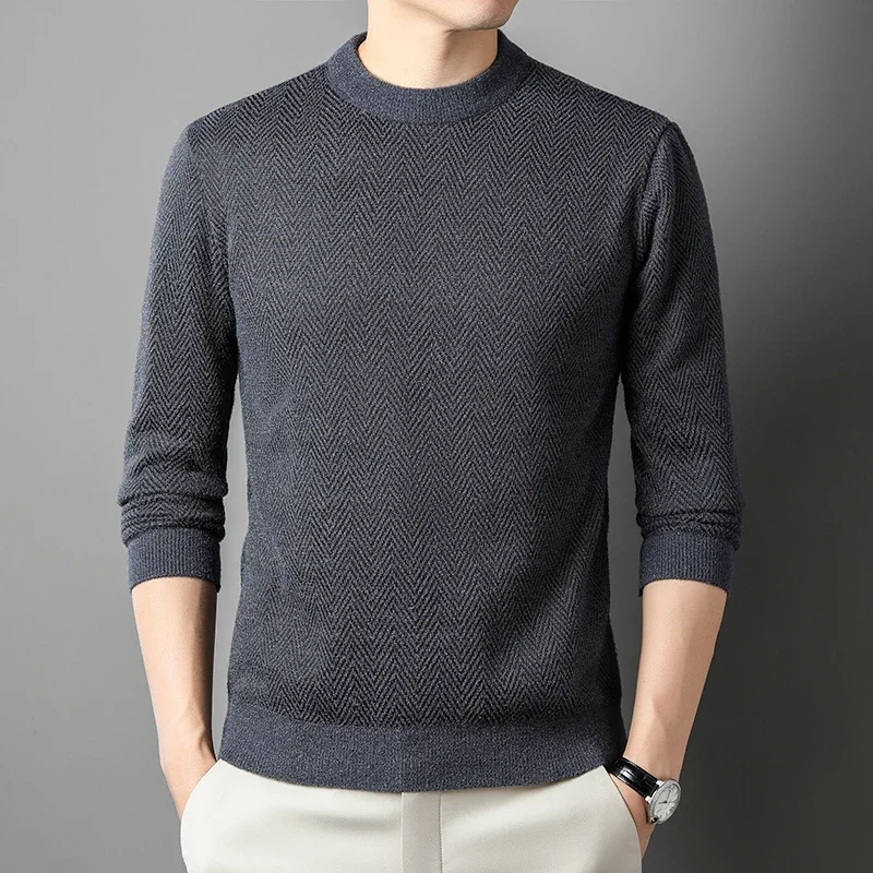 Thickening Winter Men's Round Neck Thickened Sweater Knitted Pullover Solid Color Long Sleeved Casual Daily Warm Coat 4