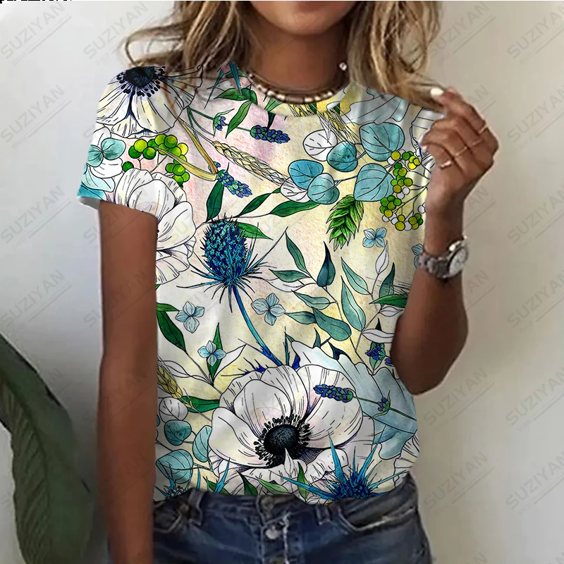 

Summer New Fragmented Flower Women's Loose Casual Top Printing 2023 Hot Selling Women's Breathable Short Sleeve Round Neck Top