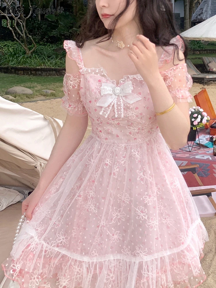 Korean Gorgeous Pink Dresses Floral Sweet Fairy Bodycon Dresses