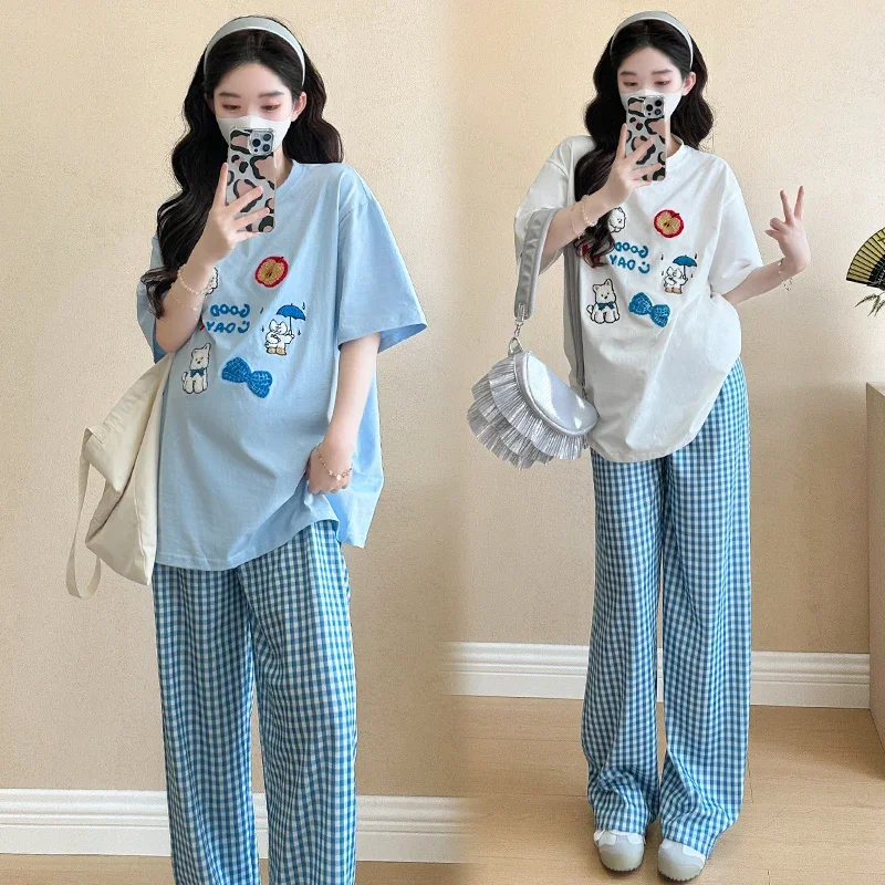 한국어 스타일 임신 한 여자 티셔츠 캐주얼 수 놓은 출산 티셔츠 반팔 오-넥 느..