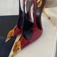 Sandales à talons hauts en cuir verni pour femmes, élégantes, rétro, bout pointu, bouche peu profonde, pierres précieuses, nouvelle collection 5