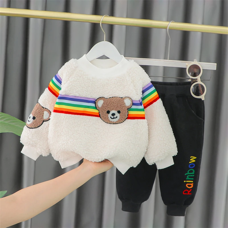 

2022 Winter Baby Girls Clothing Sets Boys Cartoon Bear Sweater Pants Kids Sportswear Children Outfits Warm Plush Infant Clothes