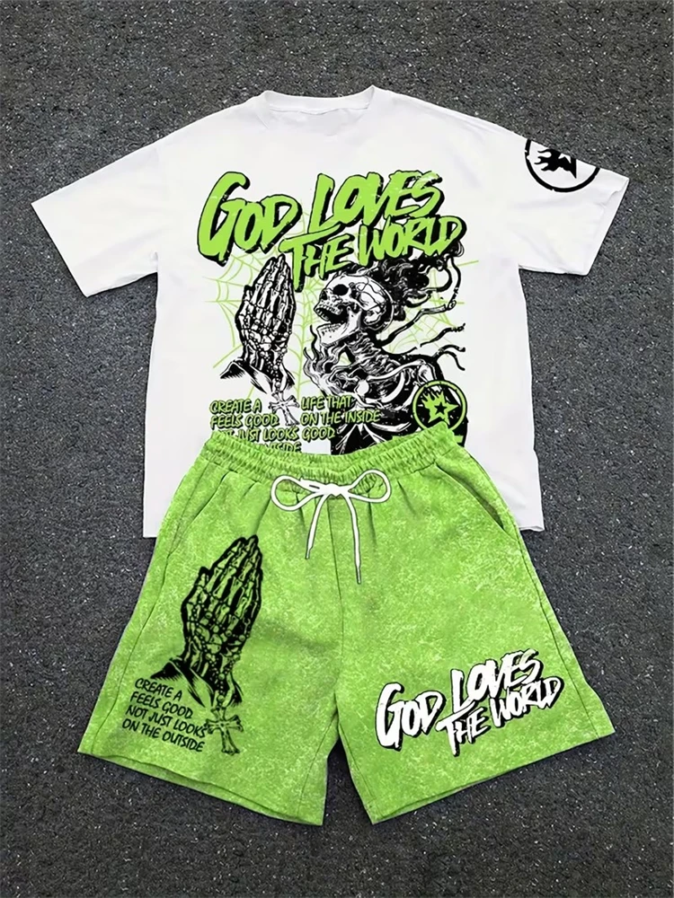 Spring And Summer American Trend 3D Printed Skull Men's Round-neck Top And Shorts, Hip-hop Style Trendy And Cool 2pcs Set
