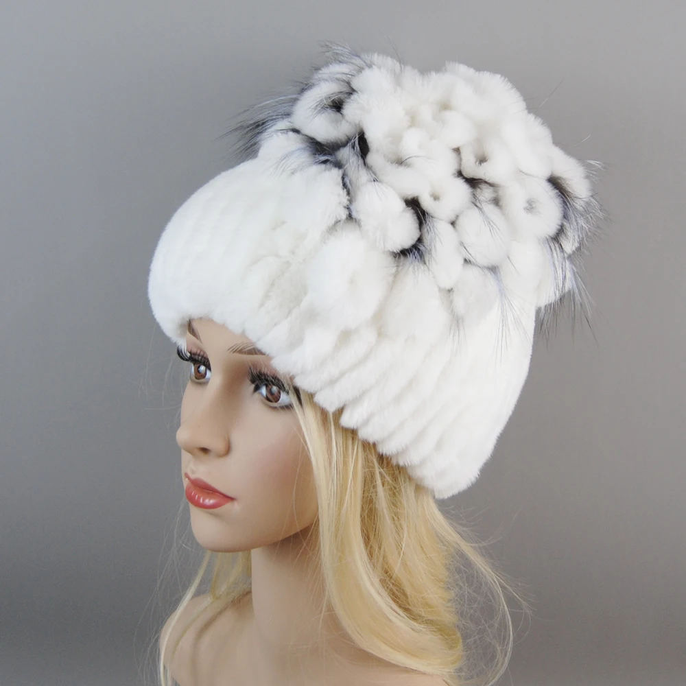 2025 Brand Women Genuine Rex Rabbit Fur Hats Winter Rex Rabbit Fur Beanies Striped Top Flower Fox Fur Warm Real Fur Knit Caps 4