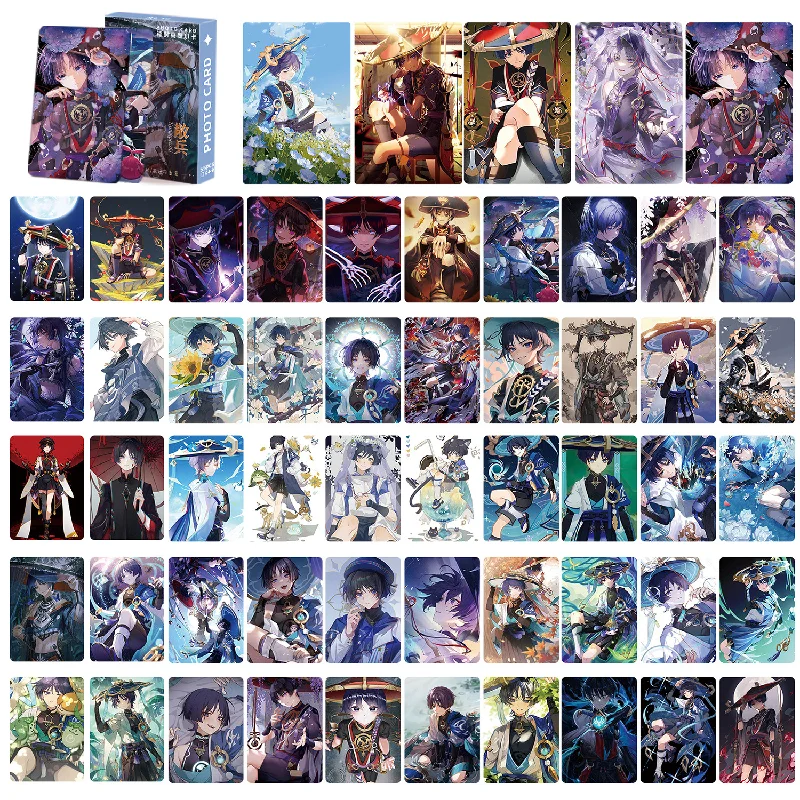 55PCS/Set Anime Genshin Impact Laser Glitter Photocard HD Printed Cards Lomo Card Xiao Kaedehara Kazuha HuTao Fans Collection