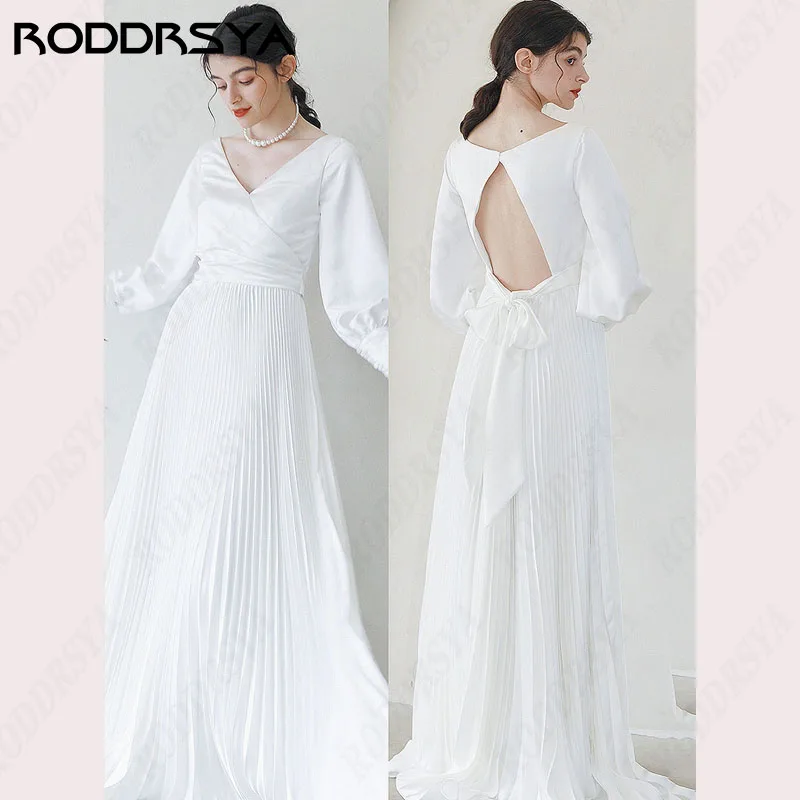 

RODDRSYA Elegant V-Neck Long Sleeve Wedding Dresses 웨딩드레스 Simple Soft Satin A-line Bridal Party 2024 Vintage Back Floor Length