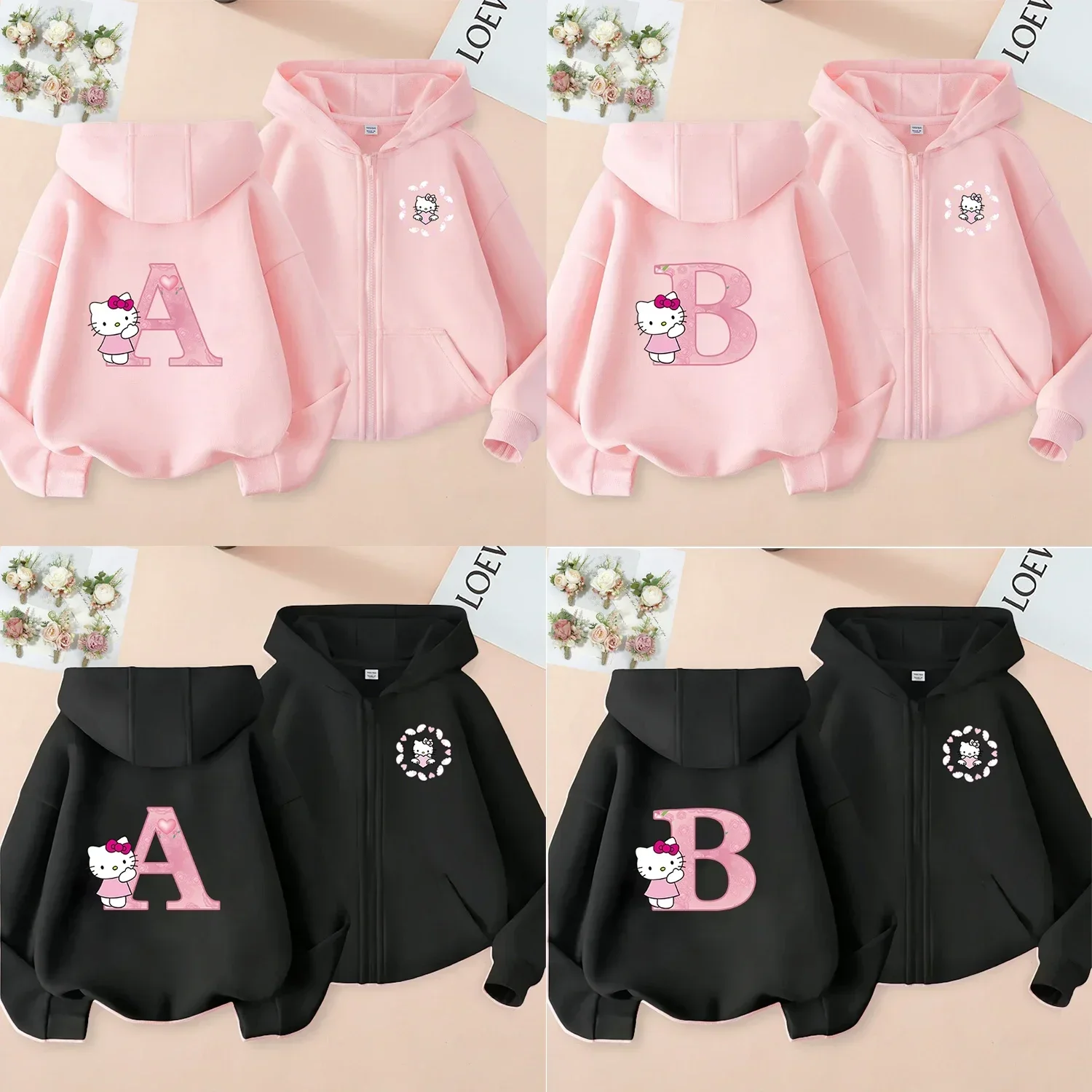 New 2024 Hello Kitty Zipper Hoodie, 26 English Letters, Kawaii Harajuku Pattern, Fashionable Sports Girl Top, Girl Sater Hoodie 2
