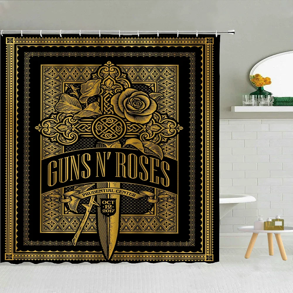 Rock-Gun Roses Bathroom Curtains for the Home Shower Shower Curtain Waterproof Folding Partition Accessories Bath Bedrooms Set 2