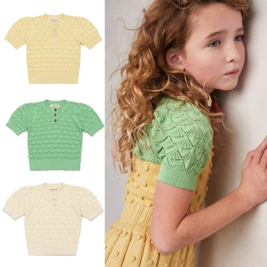 New Summer Girls Knitted T shirt Misha Puff Brand Beautiful Vintage Toddler  Short Sleeve Tops Knit Tees Kids Tshirts Children