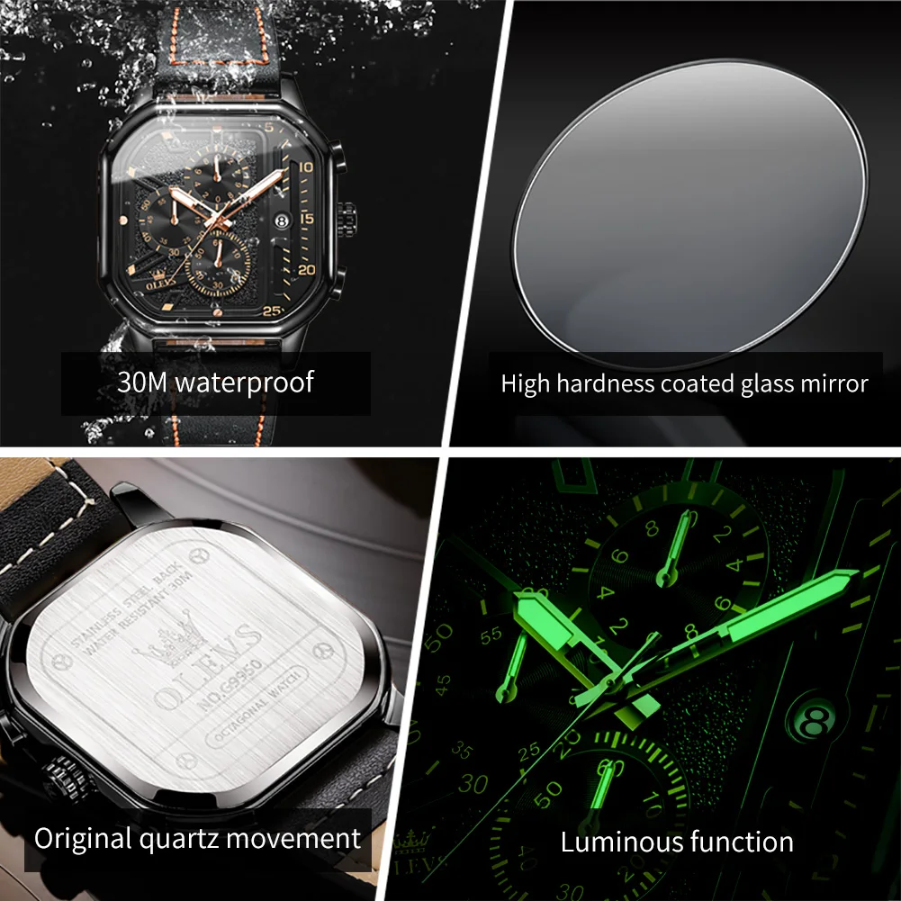 OLEVS 9950 Quartz Watch For Men Original Chronograph Business Leather Wristwatch Waterproof Luminous Calednar Luxury Man Watches
