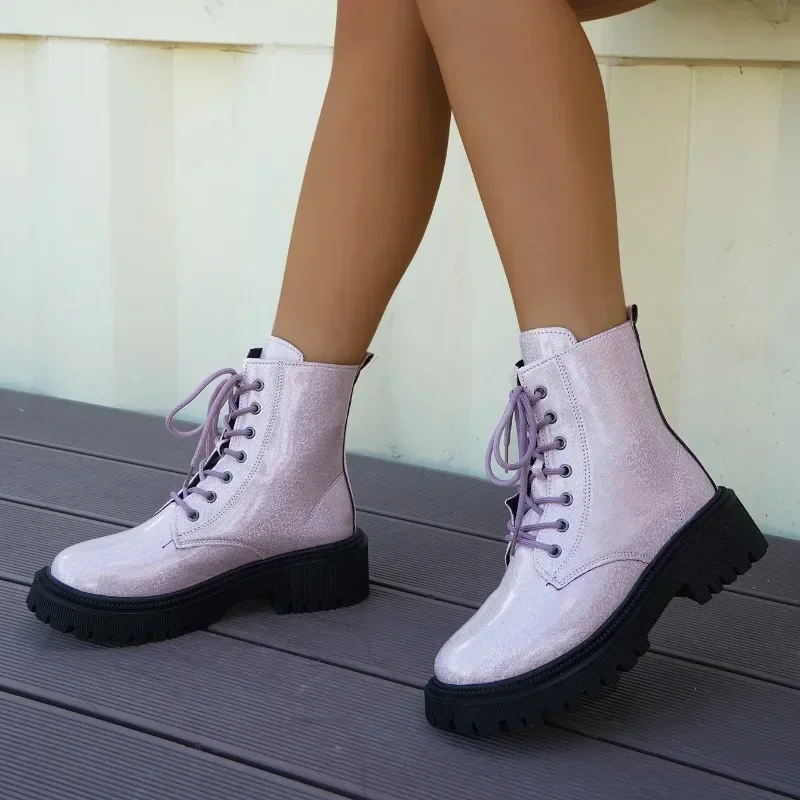 Fashion PU Square Heel  Ankle Boots 2023 Autumn New Shoes Female Lace-up Round Toe Low Heel Solid Women's Boots  Women Shoes