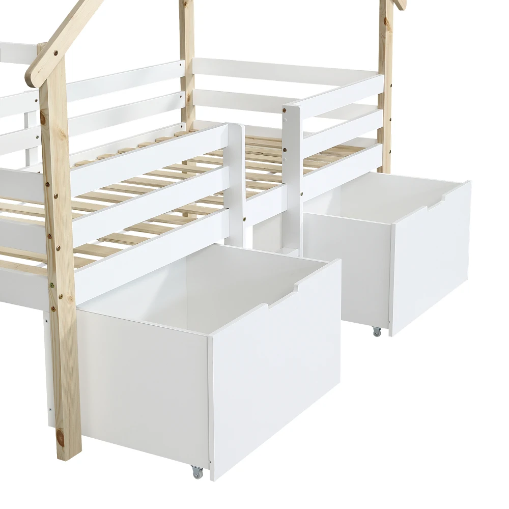 PINGGO Kinderbett Halbhohes Hausbett mit Dach 4-Seitiger Zaun Treppe 2 Rollbare Schränke Kiefer MDF Weiß Natur 90x200cm Ohne Matratze – Detail 21