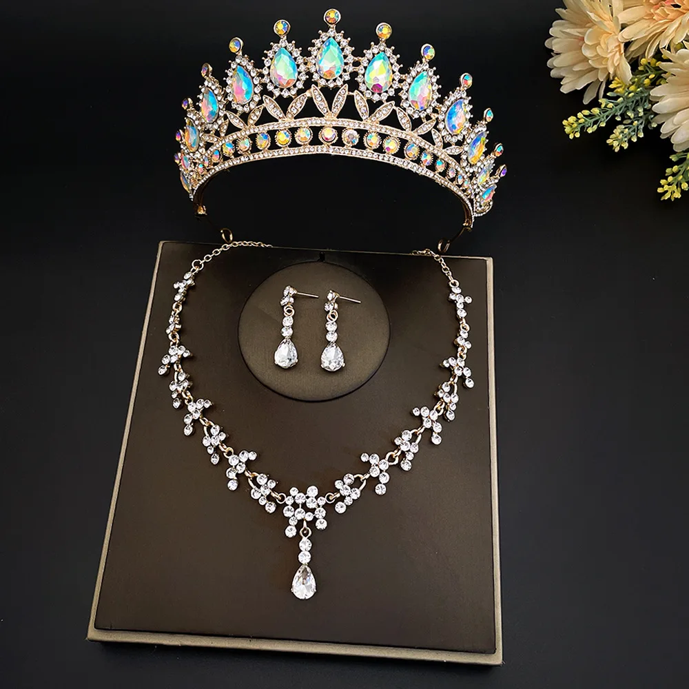 Bridal Jewelry Set 3Pcs/set Baroque Crystal Rhinestone Tiaras Crown Necklace Earring For Bride Women Wedding Gift