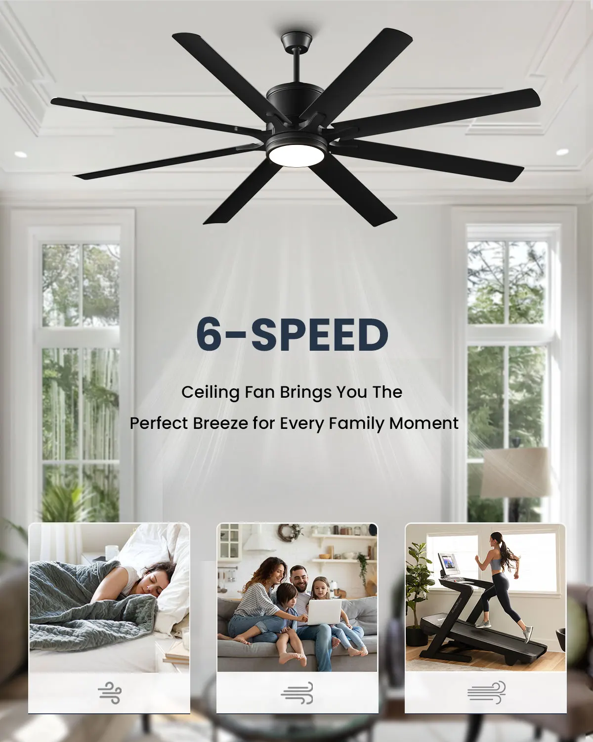 Kristoff 66" Large Ceiling Fan with Light & Remote Control, ETL Listed, 8 Blade Low Profile Ceiling Fan Light Fixture