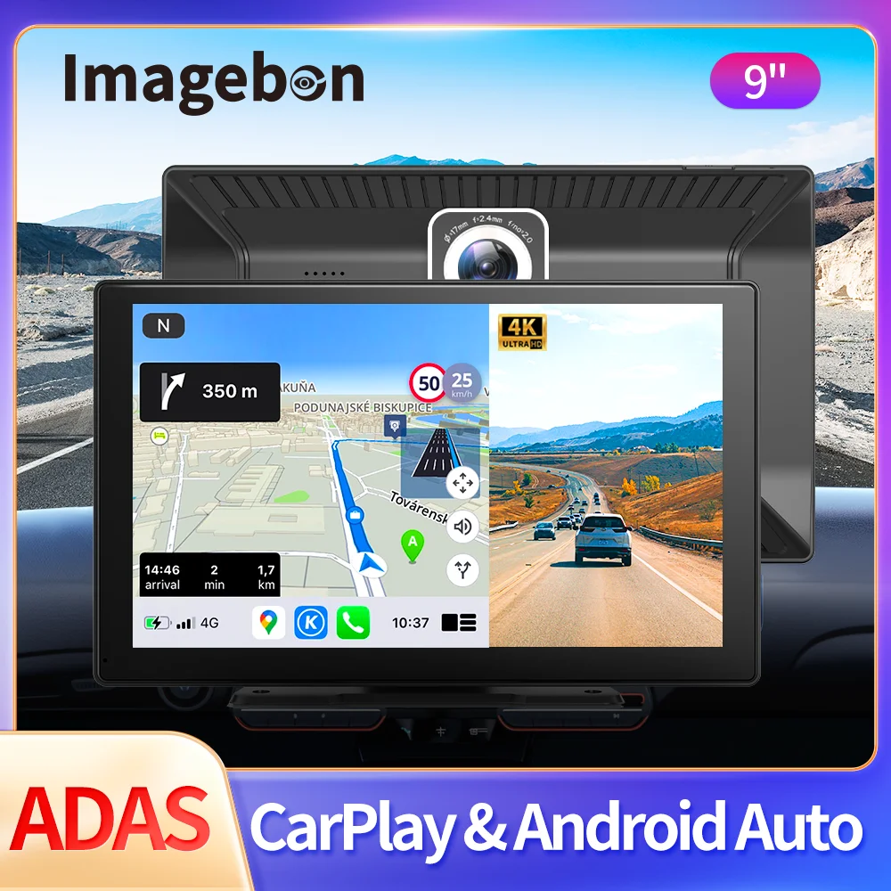 

Imagebon 9 Inch Wireless Carplay & Android Auto Dash Cam 2K Rearview Camera 24h Park Monitor GPS Navigation Dashboard Car DVR