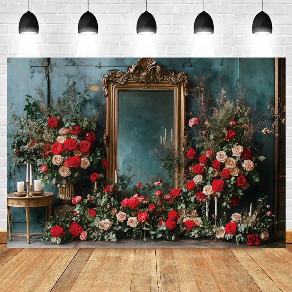 Valentine's Day Photography Backdrop Vintage Gold Frame Flowers Adult Birthday Wedding Maternity Portrait Decor Photo Background