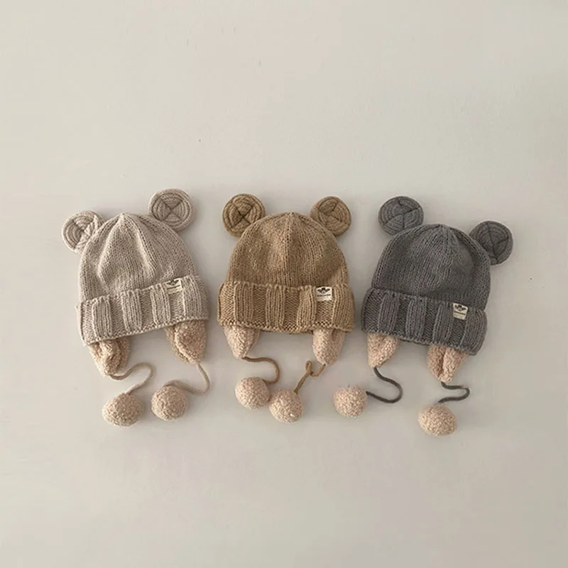 Cute Bear Baby Hat 2023 Autumn Winter Plush Cute Pompom Baby Beanies Soft Baby Bonnet Cap Adjustable Newborn Baby Girl