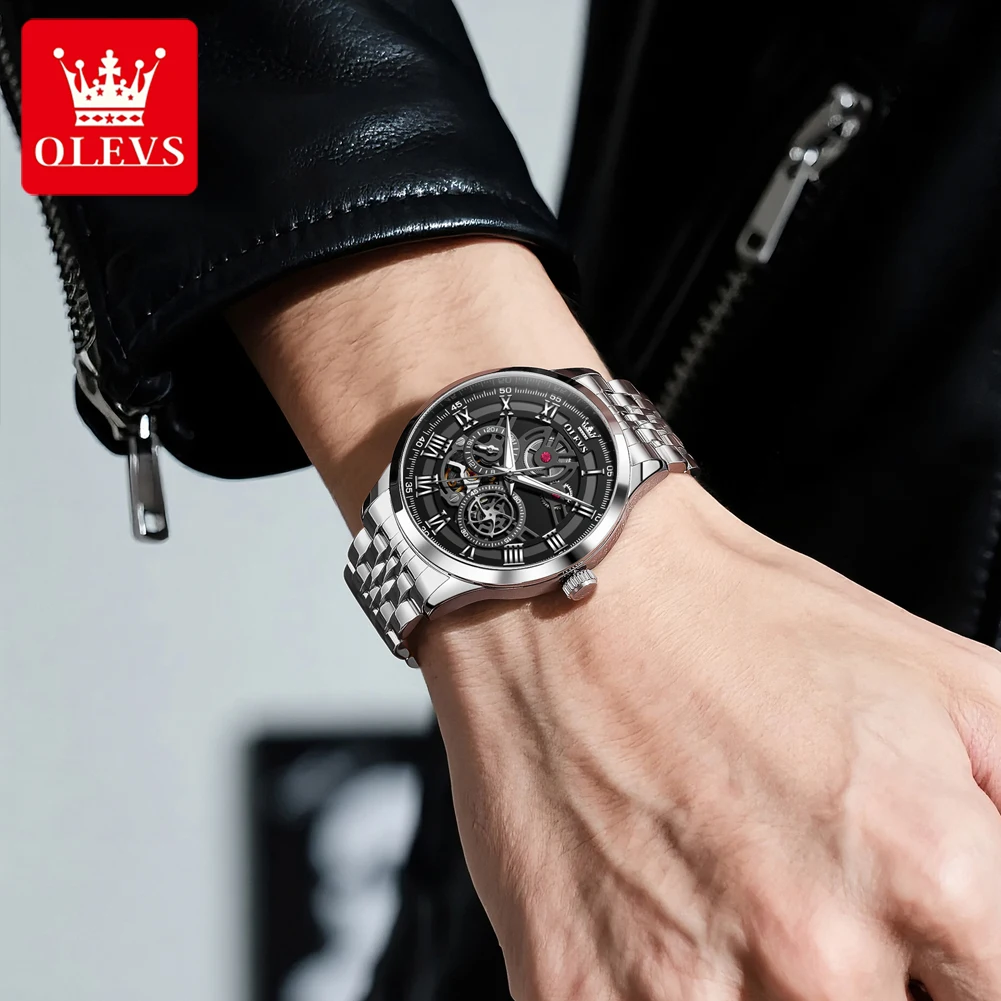 OLEVS 7076 Men's Watch Automatic Mechanical Watch For Men Top Brand 30M Waterproof Luminous Roman Scale Hollow Male Wristwatch
