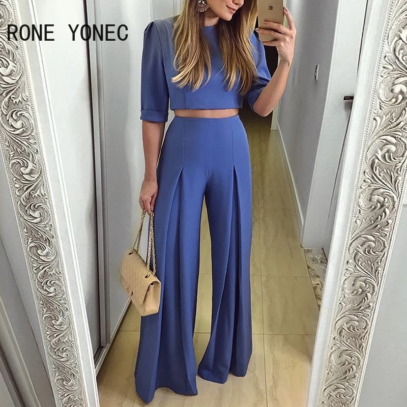 Conjunto pantalones de trabajo para mujer, Top corto de media manga, largos y rectos, liso, Chic|Trajes de pantalón| - AliExpress