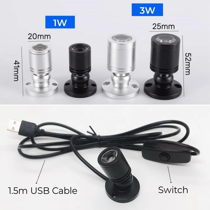 Mini USB Powered LED Cabinet Spotlight 1W/3W DC5V Jewelry Shelf Lamp Counter Closet Showcase Display Ceiling Lights With Switch 4