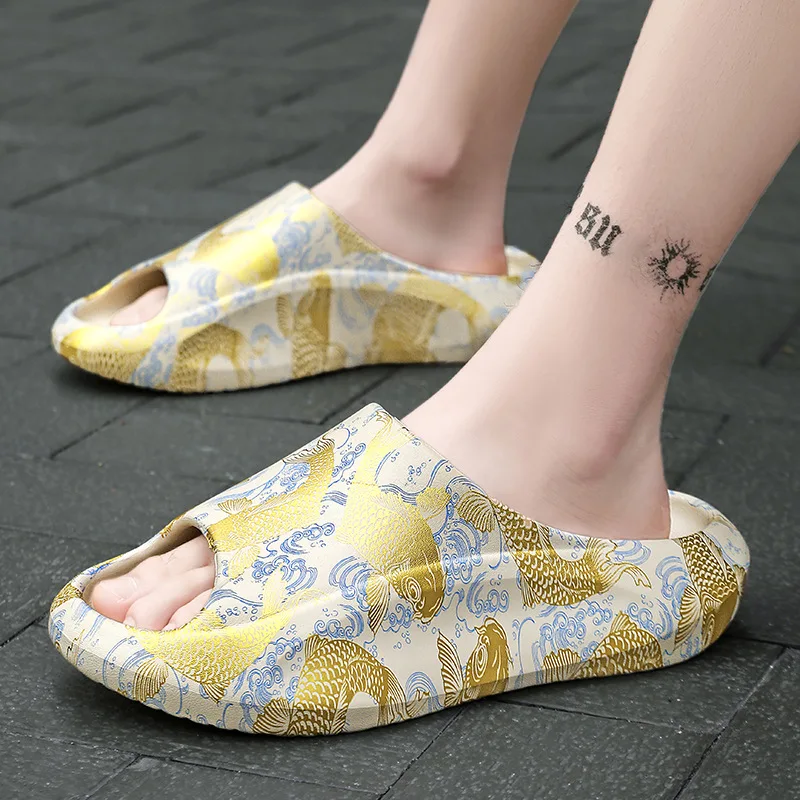 

Summer Unisex Fish Print Slippers Mens Soft Bottom Platform Slides Eva Hollow Sports Sandals Casual Beach Shoes Couple Slipper