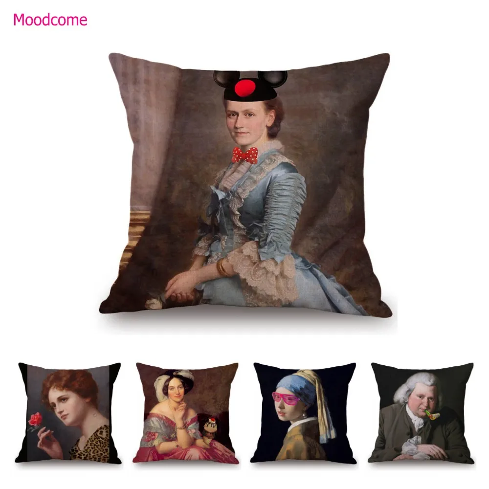 

Altered Art Famous Oil Painting Comic Funny Modern Art Pearl Girl Humorous Decoration Sofa Throw Pillow Case Linen Cushion Cover