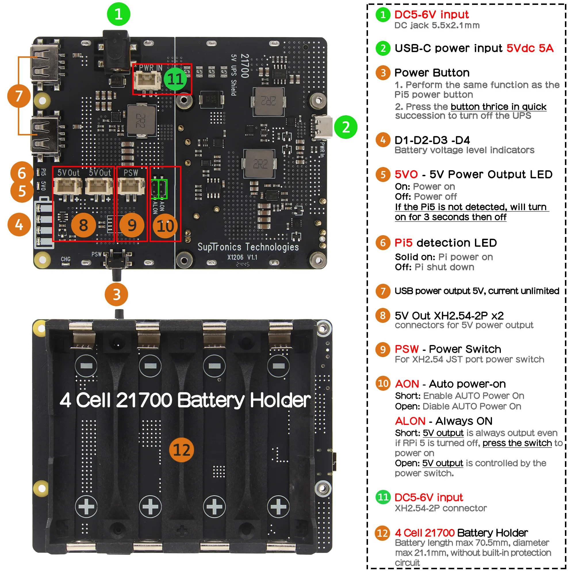 Geekbord ������ ���� ���� ���, ����� ���� 5 UPS, 4 �� 21700 ���͸� ��ġ��, X1206