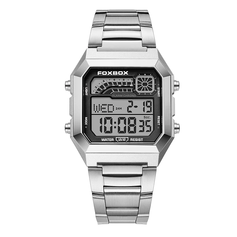 FOXBOX Luxury Square Stainless Steel Waterproof Digital Watch
