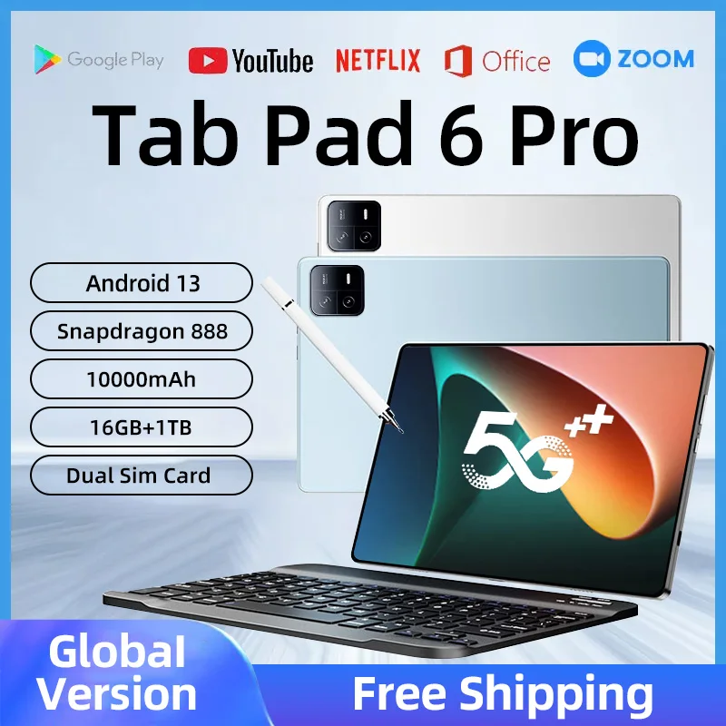 2024 글로벌 버전 오리지널 태블릿 PC, 안드로이드 13 패드 6 프로, 스냅드래곤 888 RAM, 16GB + ROM, 1TB, 5G 듀얼 SIM 카드, 10000mAh HD 4K 탭