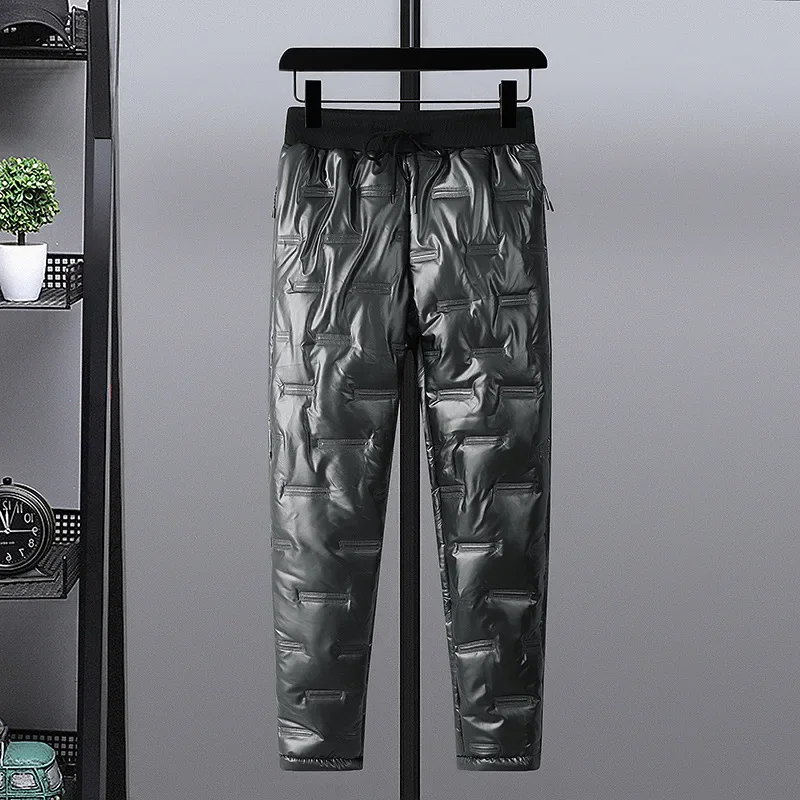 Down Cotton Pants for Men's Outerwear, Fashionable, Winter Thickened, Casual, and Oversized, Warm and Glossy Pants Trend