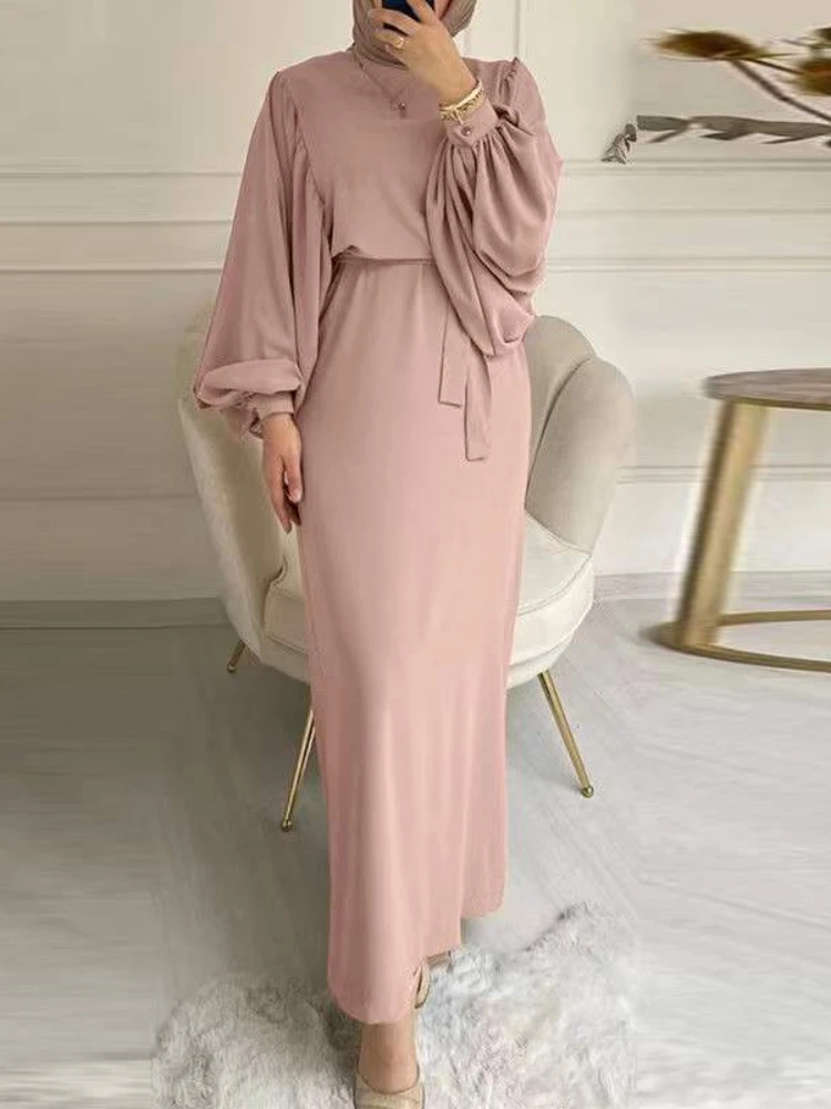 Muslim Dresses for Women Belted Abaya Dubai Turkey Puff Sleeve African Long Party Dress Islamic Clothing Plus Size Kaftan Robe