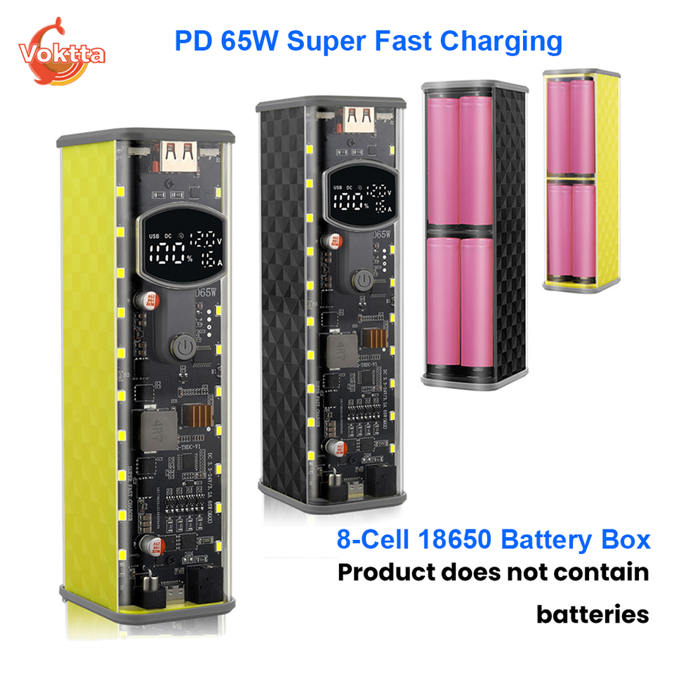 PD 65W Super Fast Charging Transparent Power Bank Case Weldless 8-Cell 18650 Battery Box DC Voltage Adjustable USB Type C Output