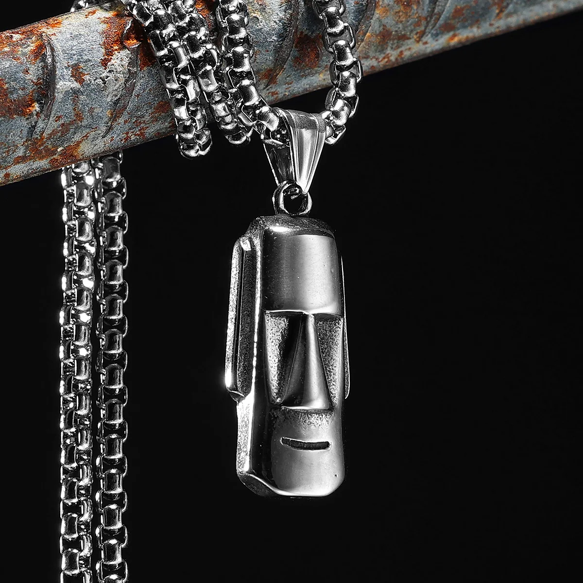 Moai Pendants Statue Necklaces 316L Stainless Steel Men Hip Hop Chain Punk Rock Trendy for Male Biker Jewelry Creative Xmas Gift