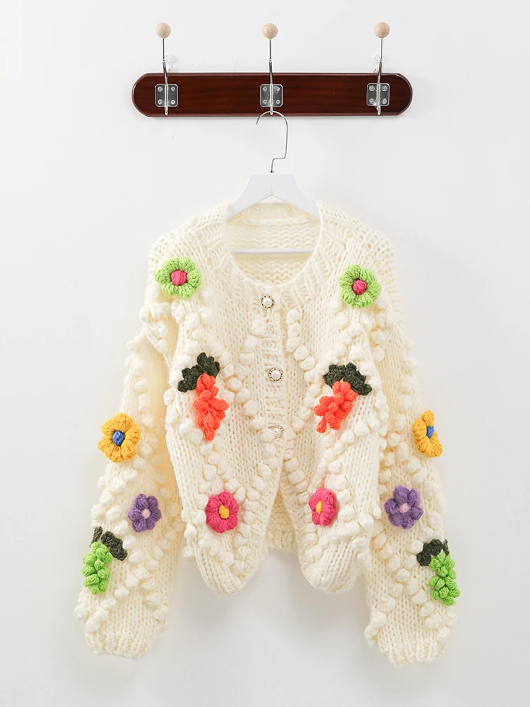 

Jastie 2023 осенний и зимний свитер ручной работы с цветочным узором, круглый вырез, длинный рукав, свободный короткий свитер, вязаный кардиган, Топ для женщин