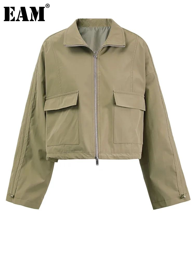 

[EAM] Khaki Pocket Drawstring Big Size Casual Jacket New Lapel Long Sleeve Women Coat Fashion Tide Spring Autumn 2024 CPG1293