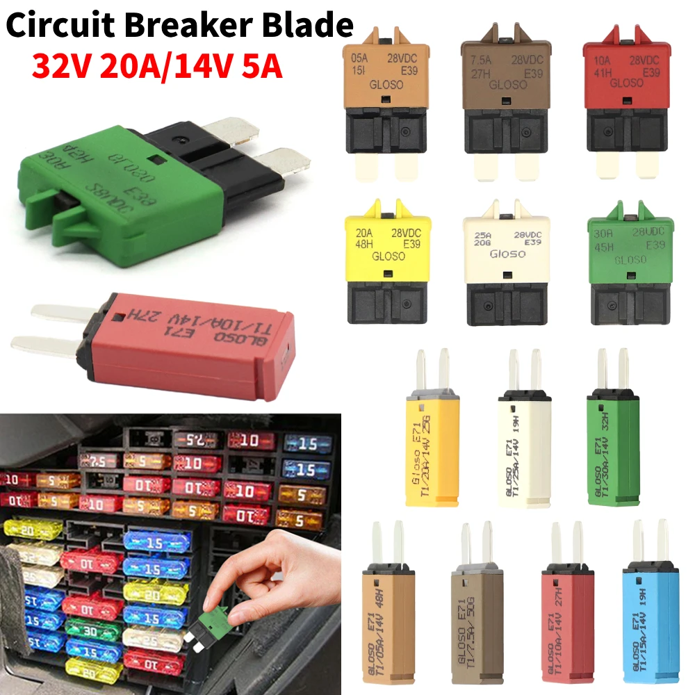 Circuit Breaker Car Fuses Kit Resettable Fuse 1PCS Circuit Breaker Blade Fuse 12V 24V Resettable 5-30A Marine RVs Automatic Reset Thermal Circuit Breaker Car Blade Fuse Box