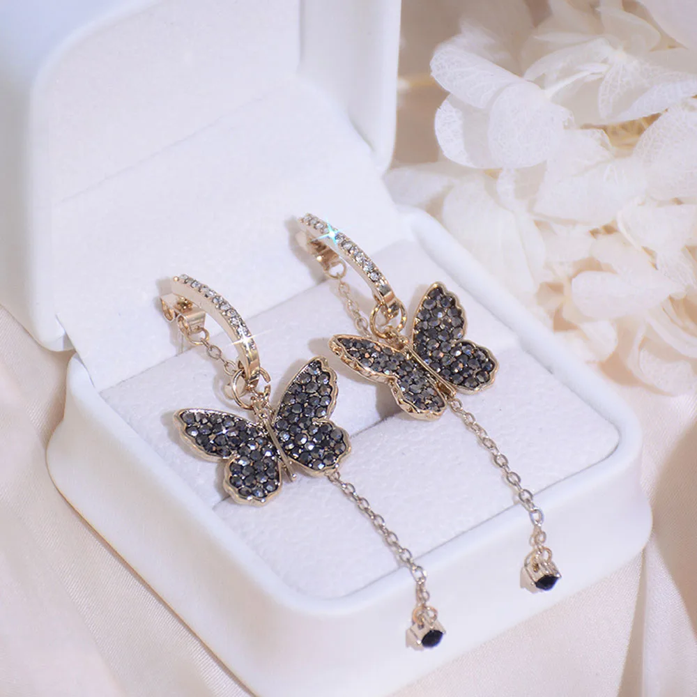 Korean Exquisite Butterfly Drop Earrings For Women 2022 Trending Elegant Rhinestone Trendy Chain Earrings Vintage Wedding Gifts