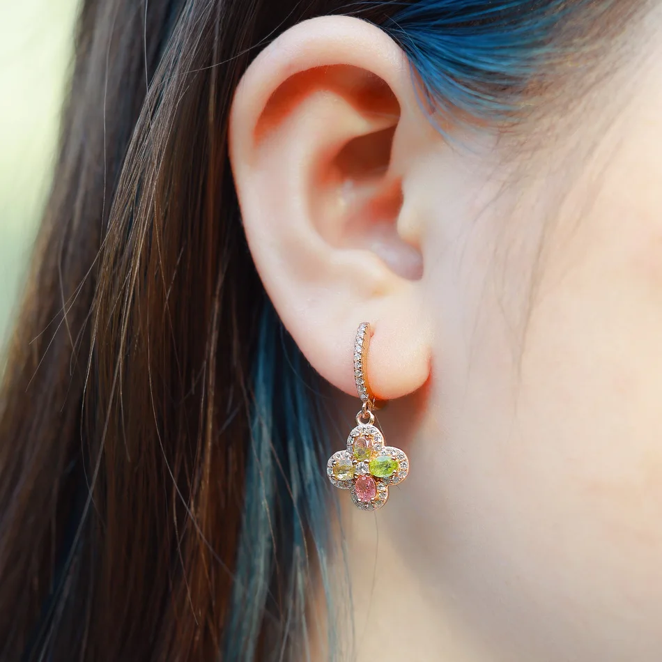 ALLNOEL Natural Tourmaline Dangle Earrings For Women Colorful Exquisite Four Leaf Clover Flower Rose Gold Jewelry Free Shipping 5