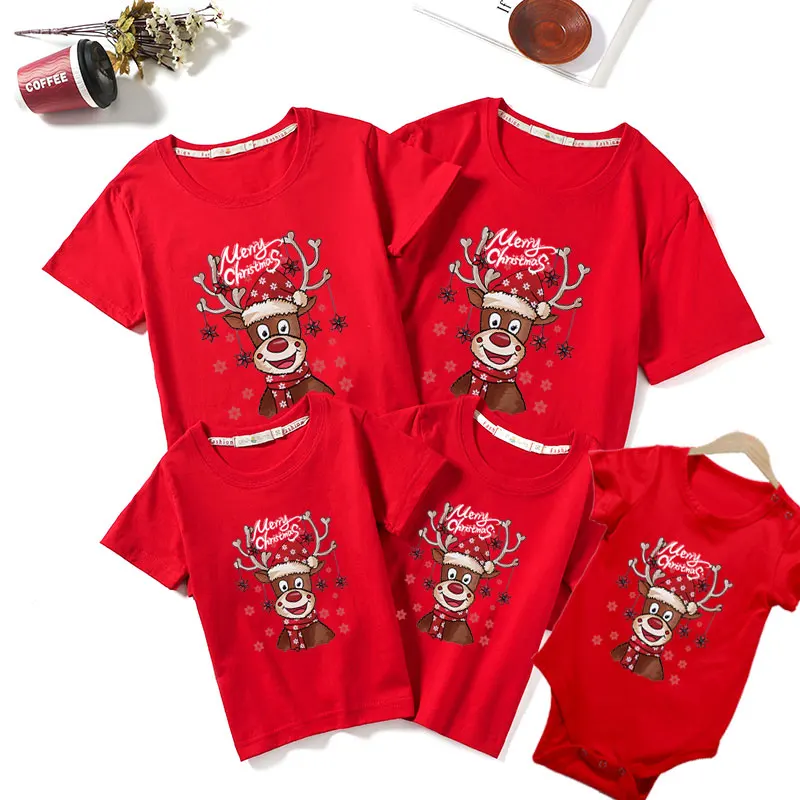thumbnail image 1 of Ropa a juego con dibujos animados navideños para toda la familia, camiseta de manga corta con cuello redondo para madre, padre, hija, hijo y bebé, traje de árbol de Navidad, 1 of 5